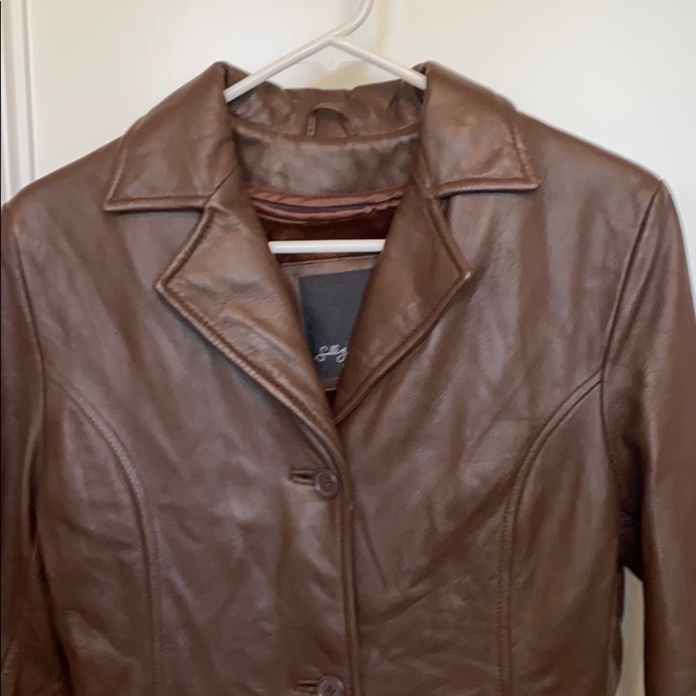 EUC BROWN LEATHER JACKET SMALL BROWN LEATHER COAT - Picture 5 of 16